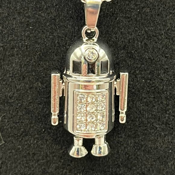 Silver Toned Blingy R2D2 Like Robot Necklace - Movable Arms/Legs - Picture 1 of 5